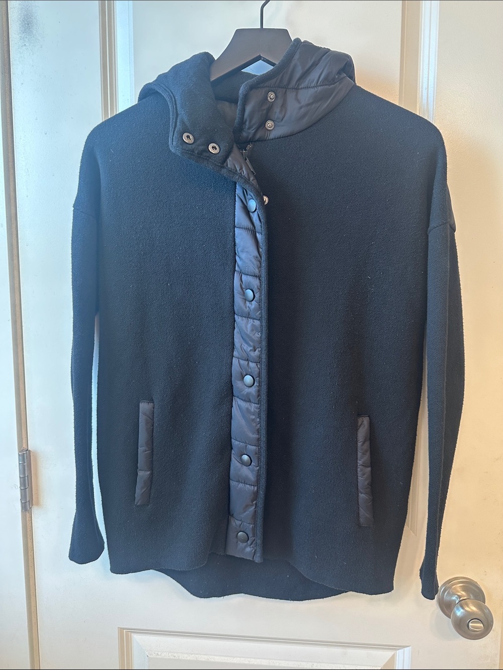 Cynthia Rowley Black Hooded Knit Jacket with Quilted Trim